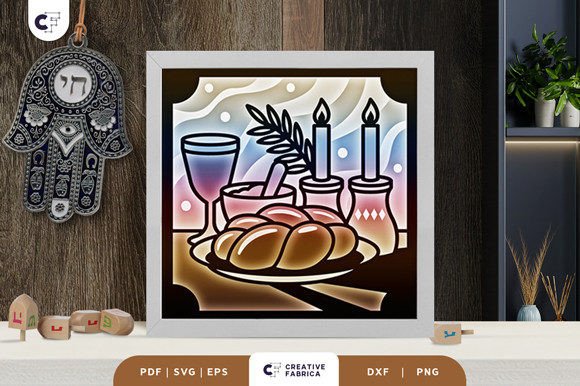 Challah with Wine and Candles 3D SVG for Jewish Celebrations